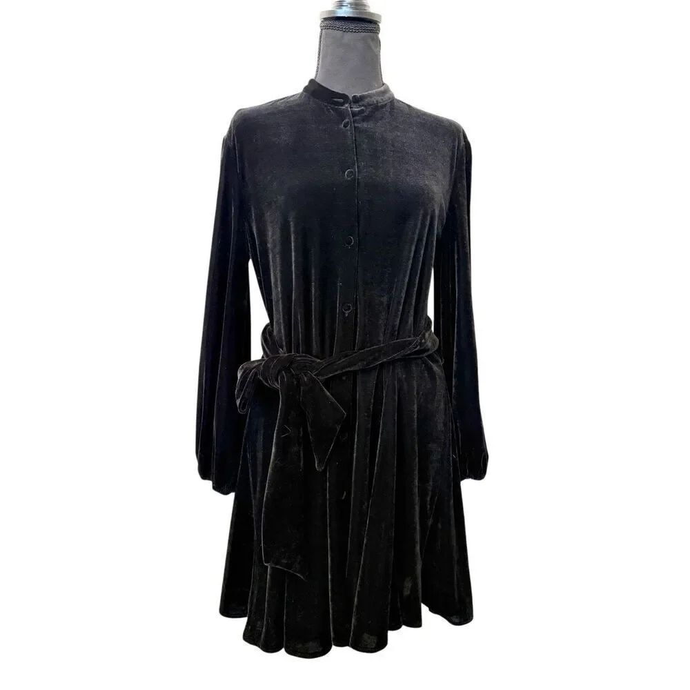 NWT Zara Velvet Balloon Sleeve Belted Button Down Mini Dress Black Size Small